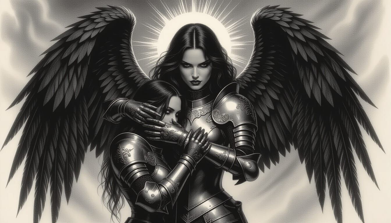 Fallen Angel Protects Knight in Charcoal Drawing