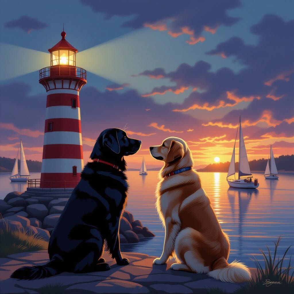 Labrador and Golden Retriever by Lighthouse at Dusk