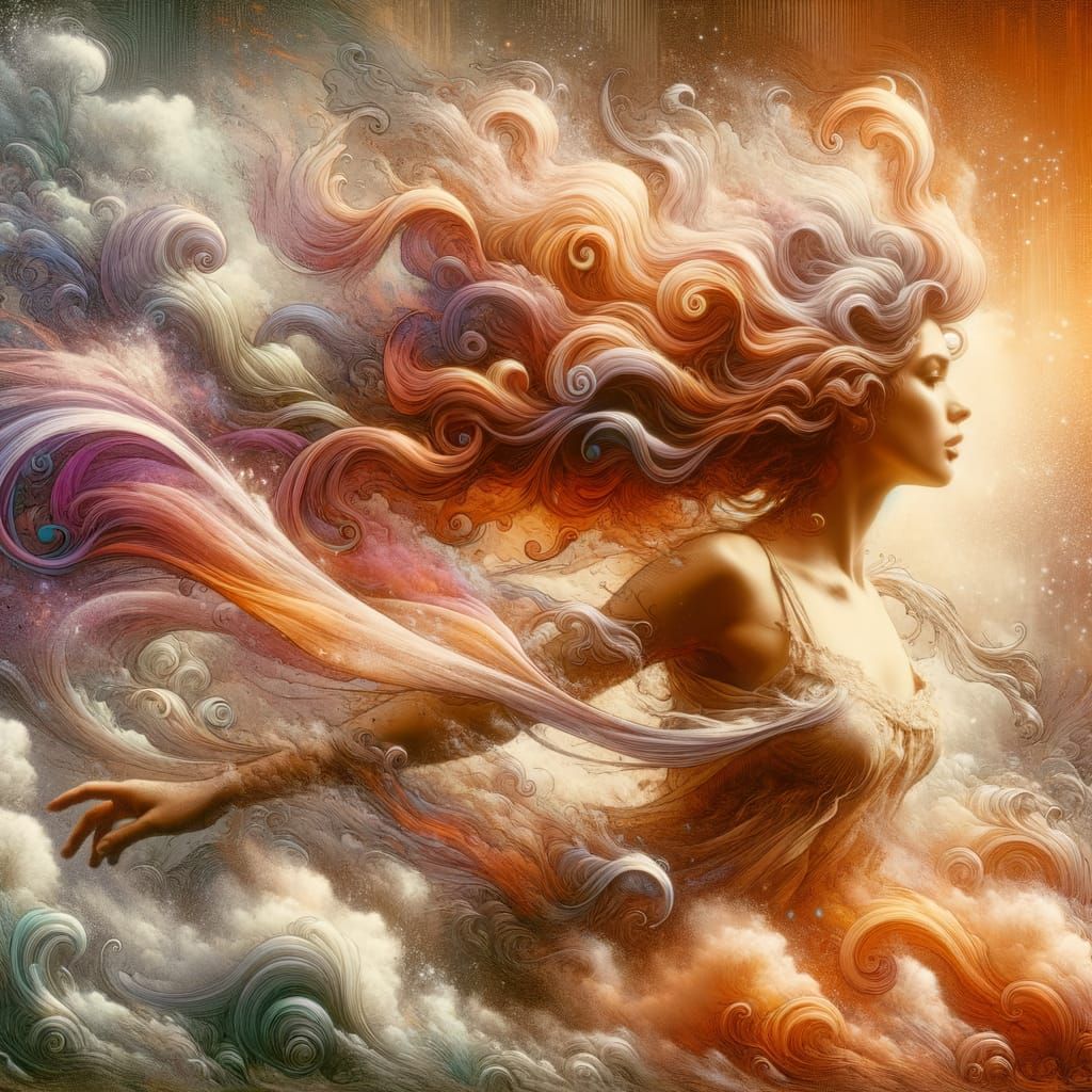 Woman in Swirling Winds: Romantic Watercolor Painting