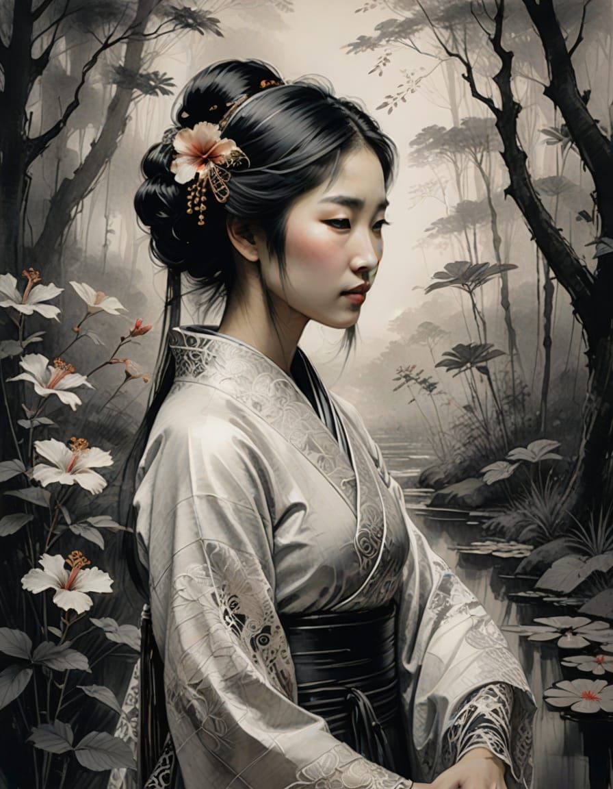 Asian Woman in Charcoal Drawing with Geisha Dress and Mystic...