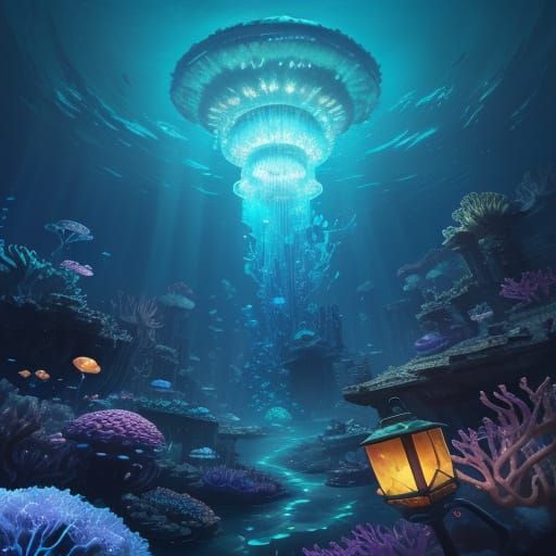 Underwater City with Bioluminescent Flora, as Digital Art