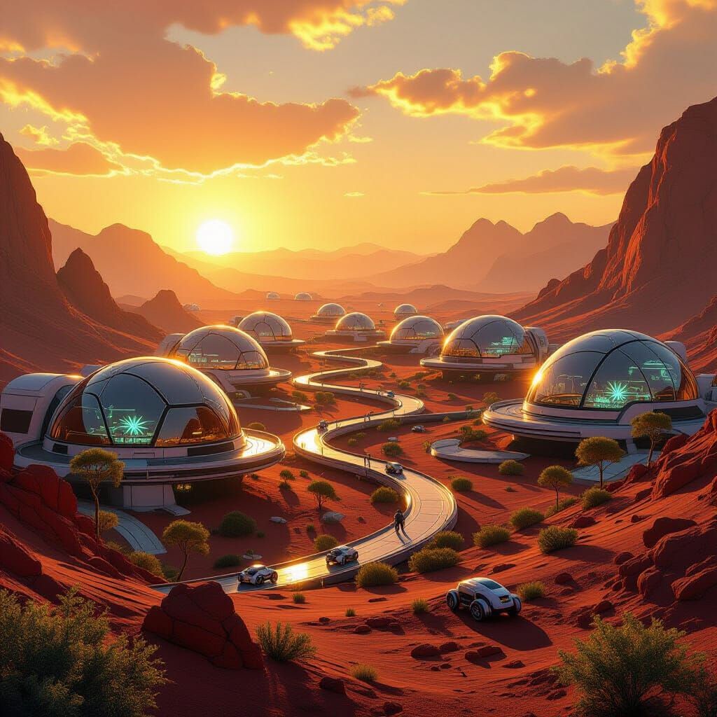 Hopeful Martian Civilization in Vivid Sunset Glow