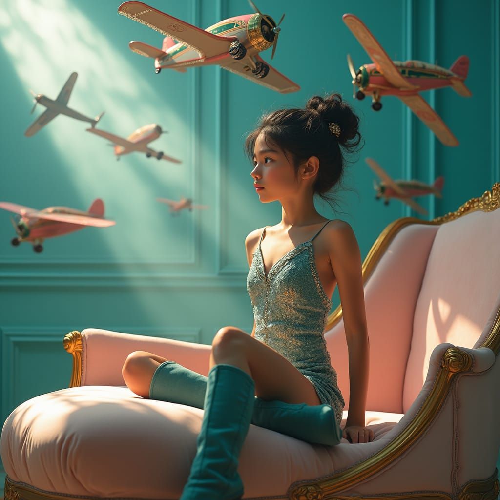 Girl with Airplanes in Dreamlike Digital Art