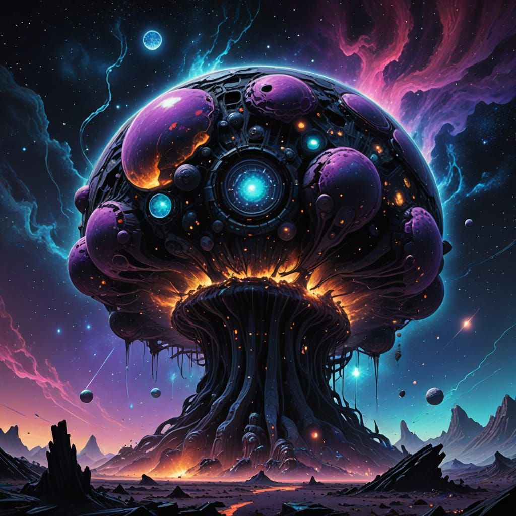 Alien Plant Galaxy Art in Gloomy Neon Style