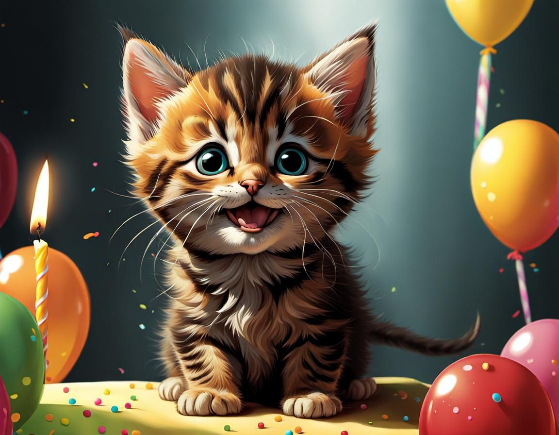 Happy Birthday Kitten in Hyperrealistic Comic Style