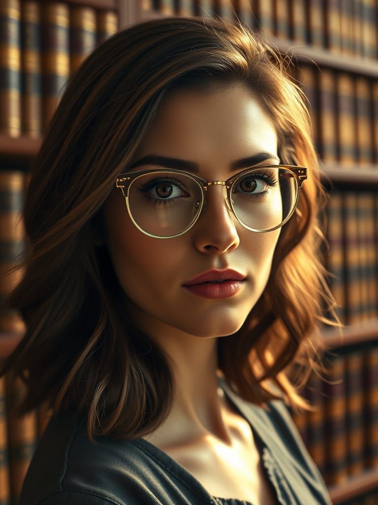 Photorealistic Portrait of a Stylish Librarian in Warm Light...