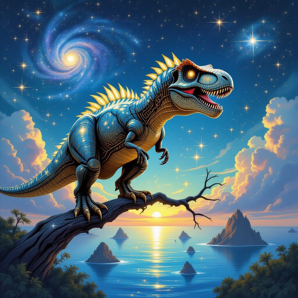 Clockwork T-Rex Gazing at Cosmic Ocean
