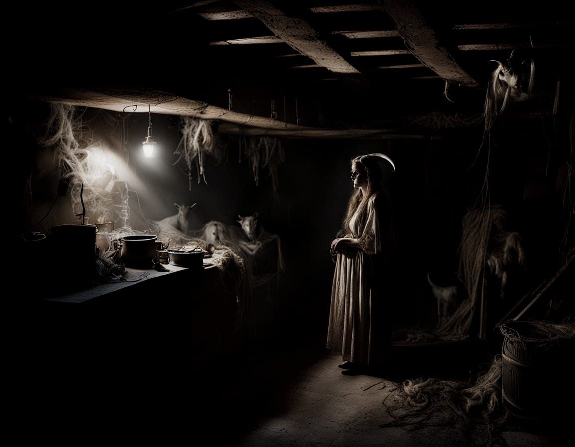 Mystical Goat Woman in Dark Basement