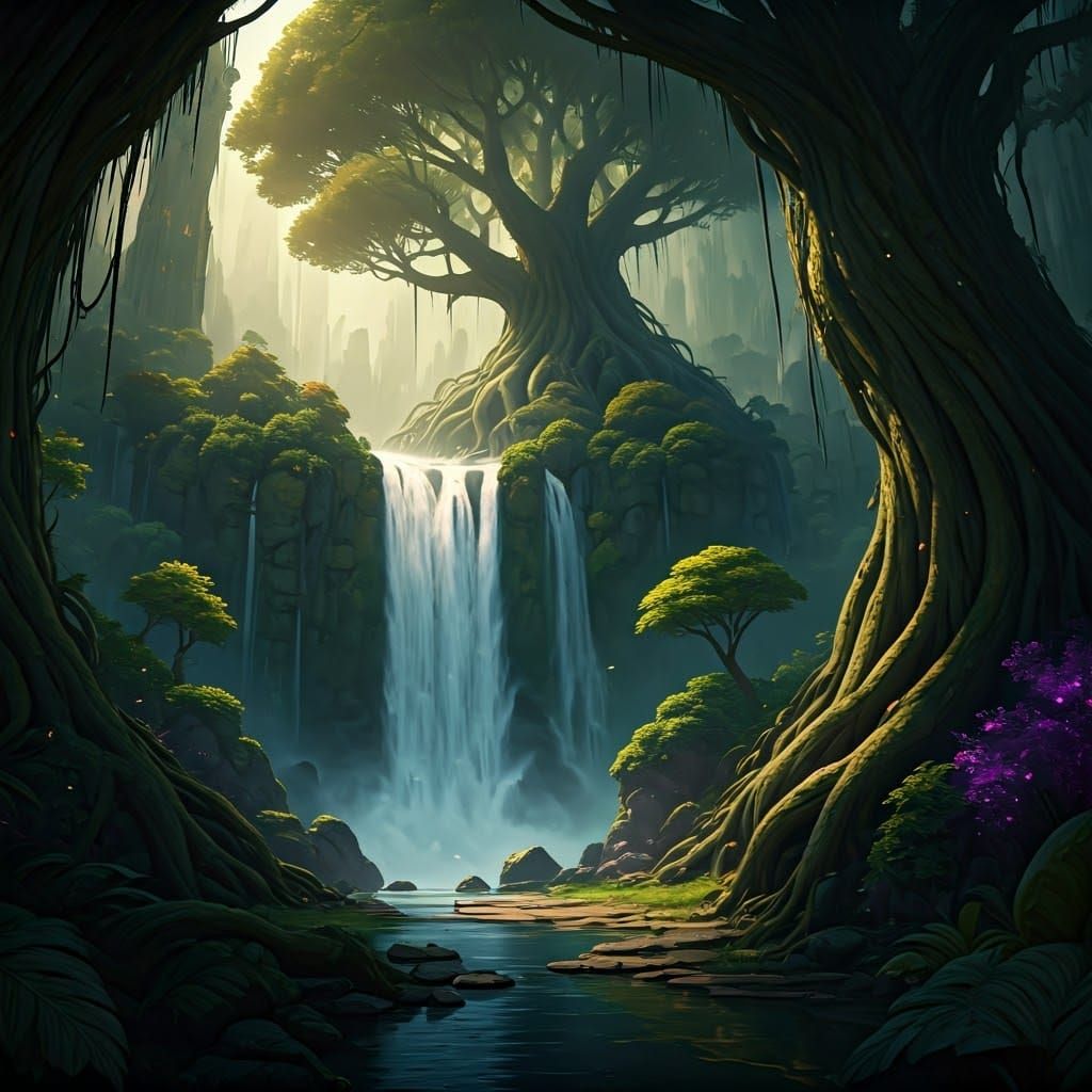 Fantasy Jungle Waterfall in Dark Fantasy Style