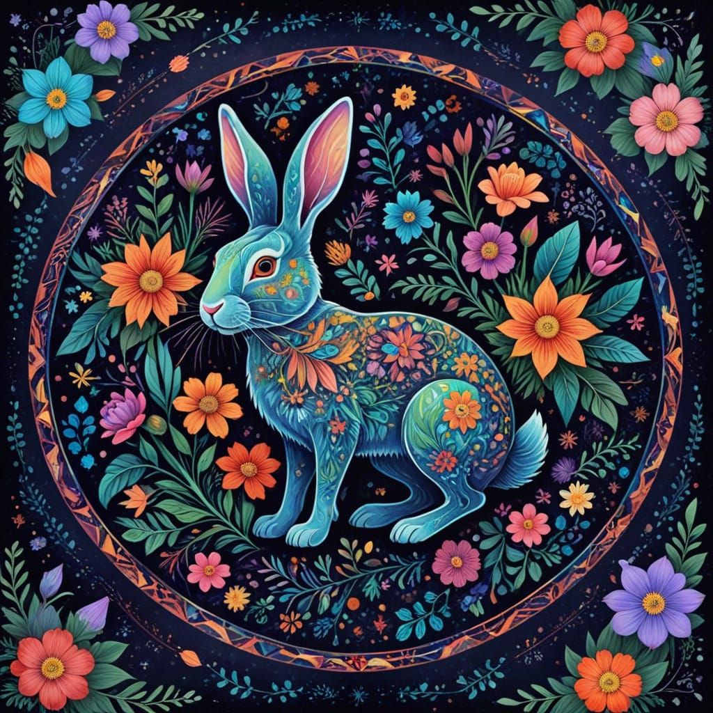 Vibrant Floral Kaleidoscope with Whimsical Wildlife