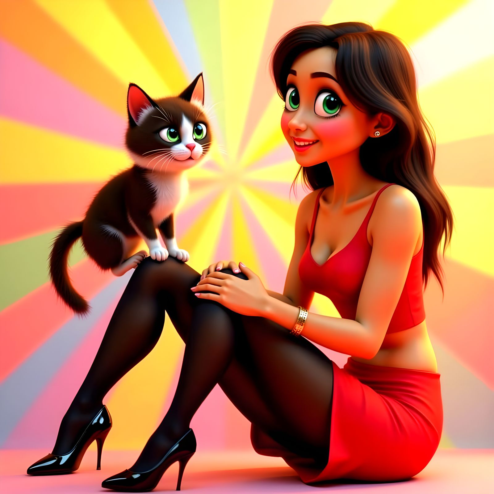 Cat Climbing Woman in Pantyhose, 3D Digital Art