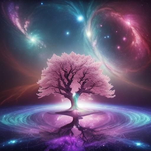 Cosmic Cherry Blossom Tree in Mystical Setting