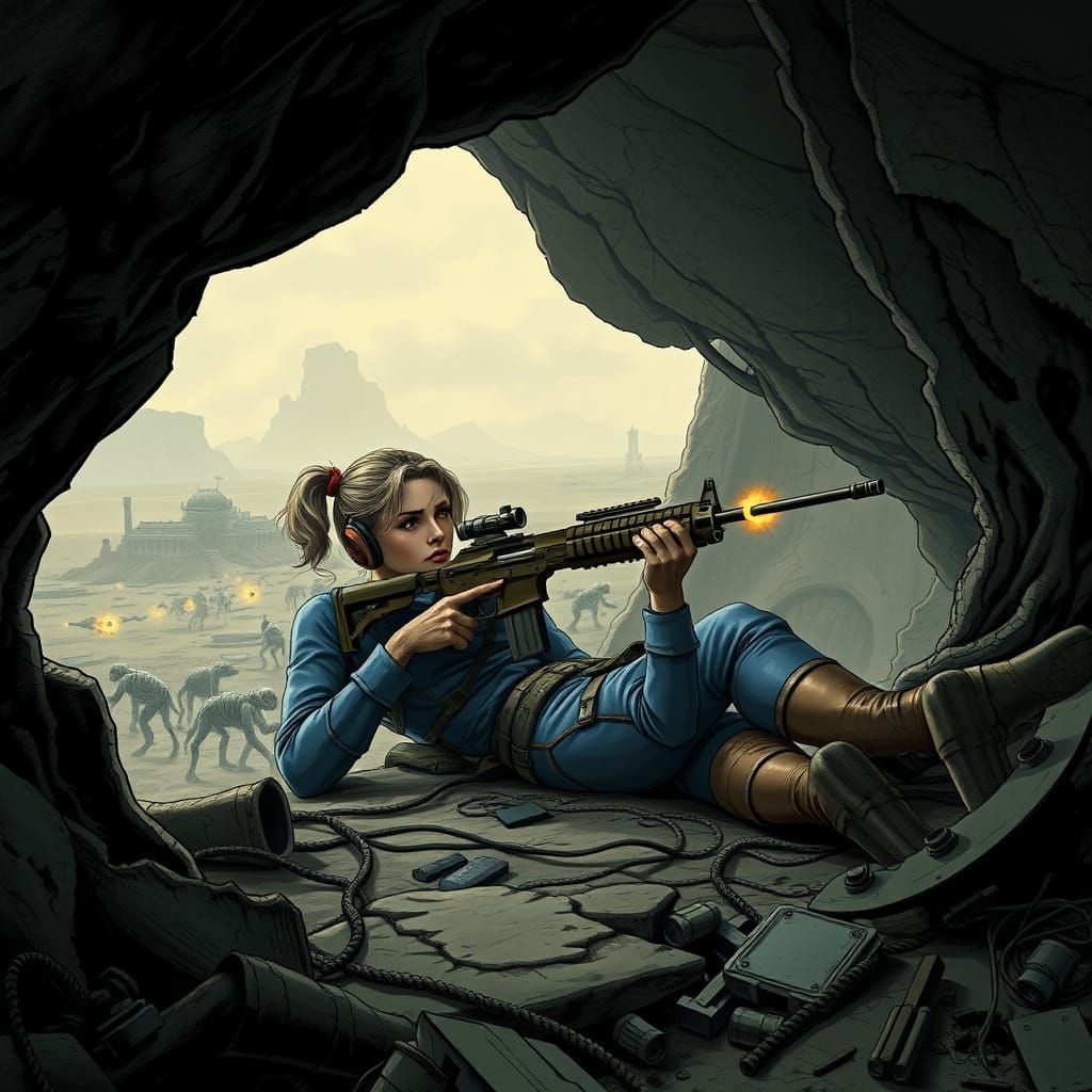 Female Sniper Gazing Out at Wasteland Ruins in Post-Apocalyp...