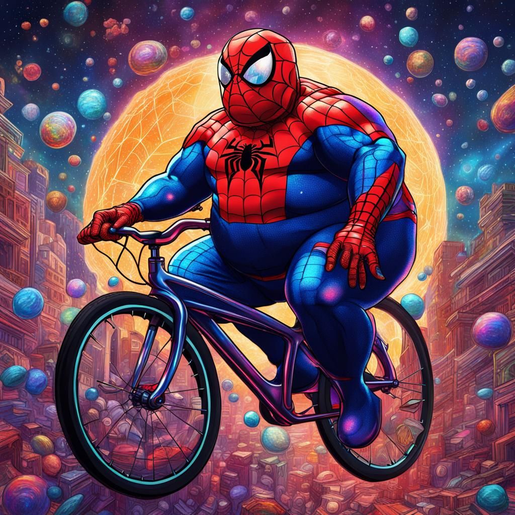 Humorous Fat Spiderman on Bike: Cosmic Illustration