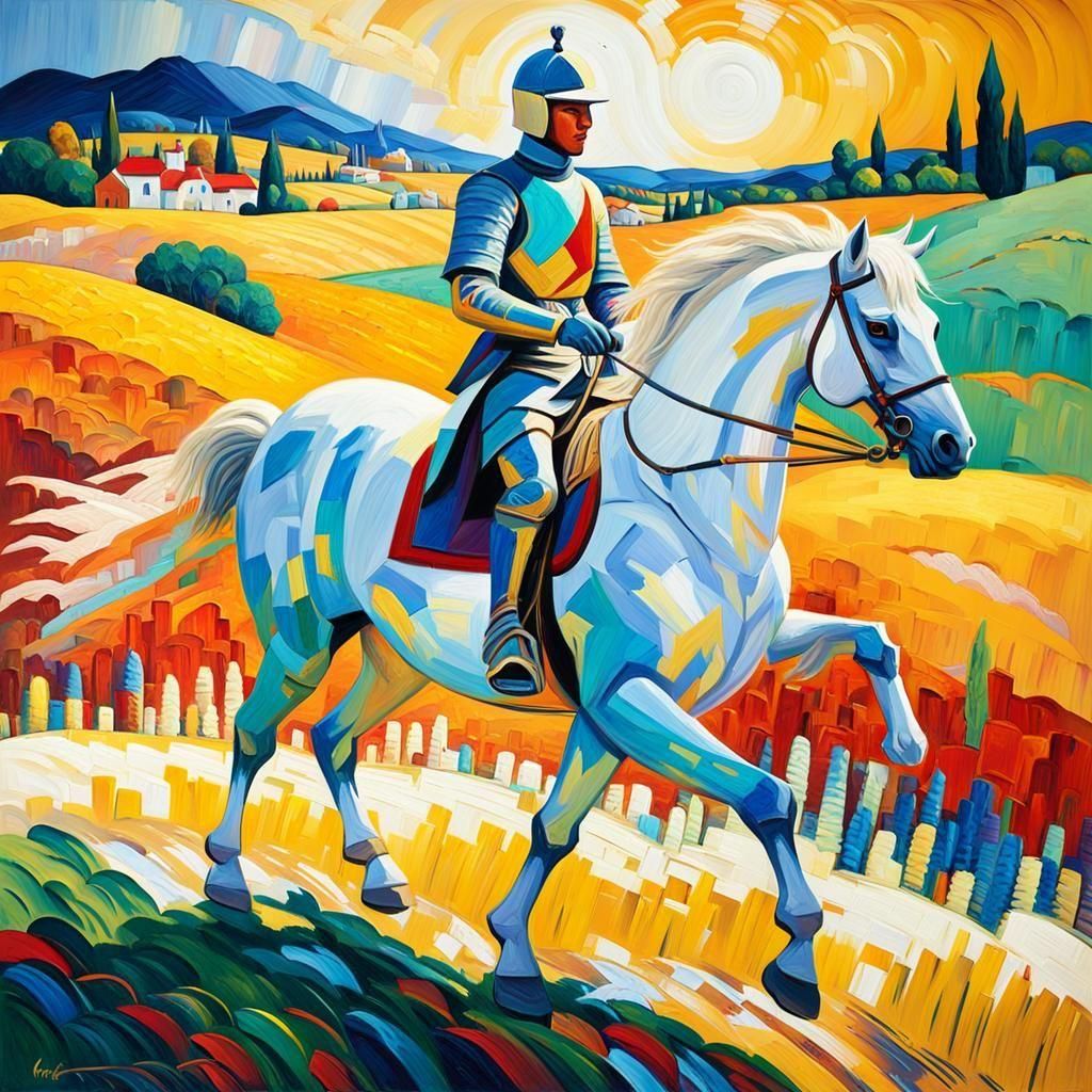 Neo-Impressionist Knight on a Dreamlike White Horse