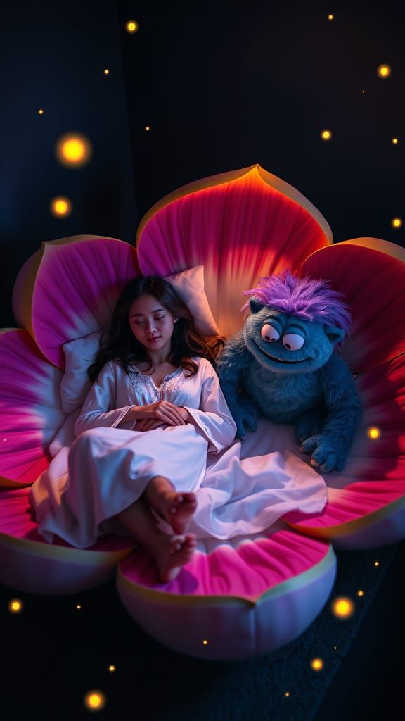 Dreamy Slumber: Woman in Flower Bed with Guardian