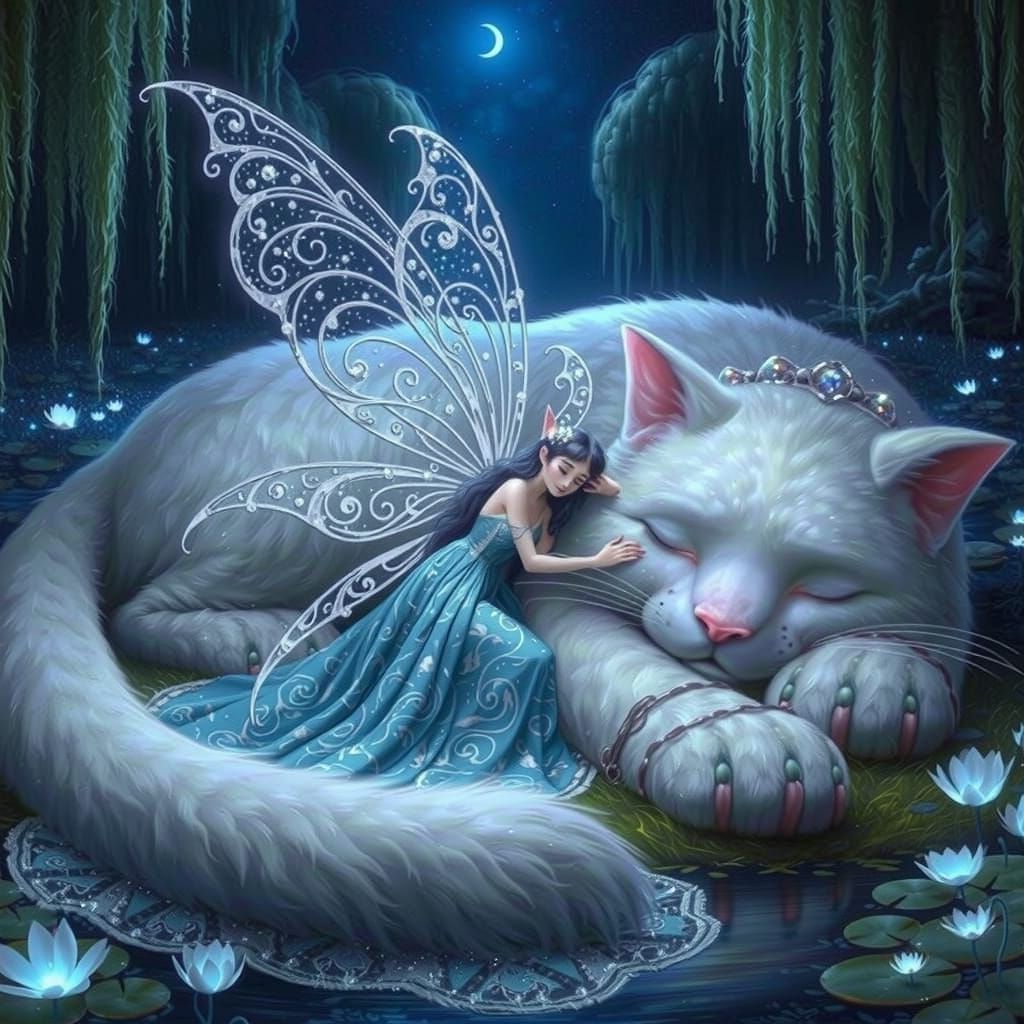 Gigantic Ivory Cat Creature in Whimsical Fairy Scene