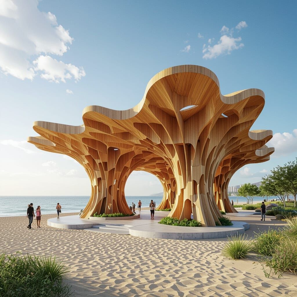 Futuristic Timber Canopy Sculpture by the Sea