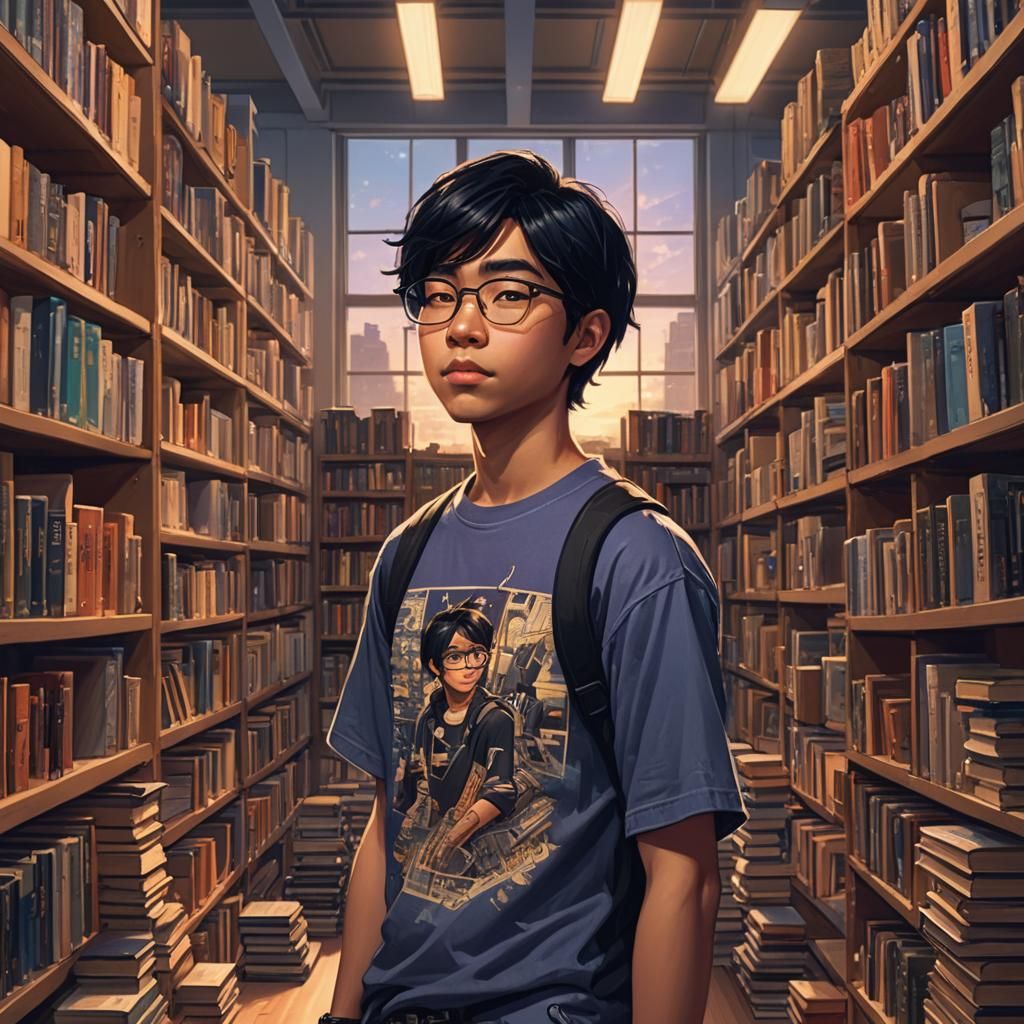 Teen in Library: Vibrant Digital Concept Art