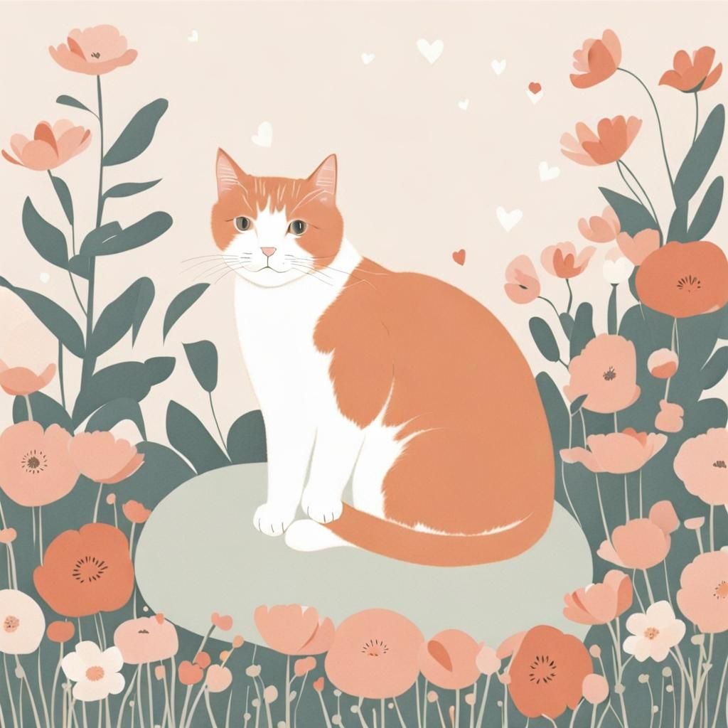 Minimalist Cat Surrounded by Flowers and Heart Lights