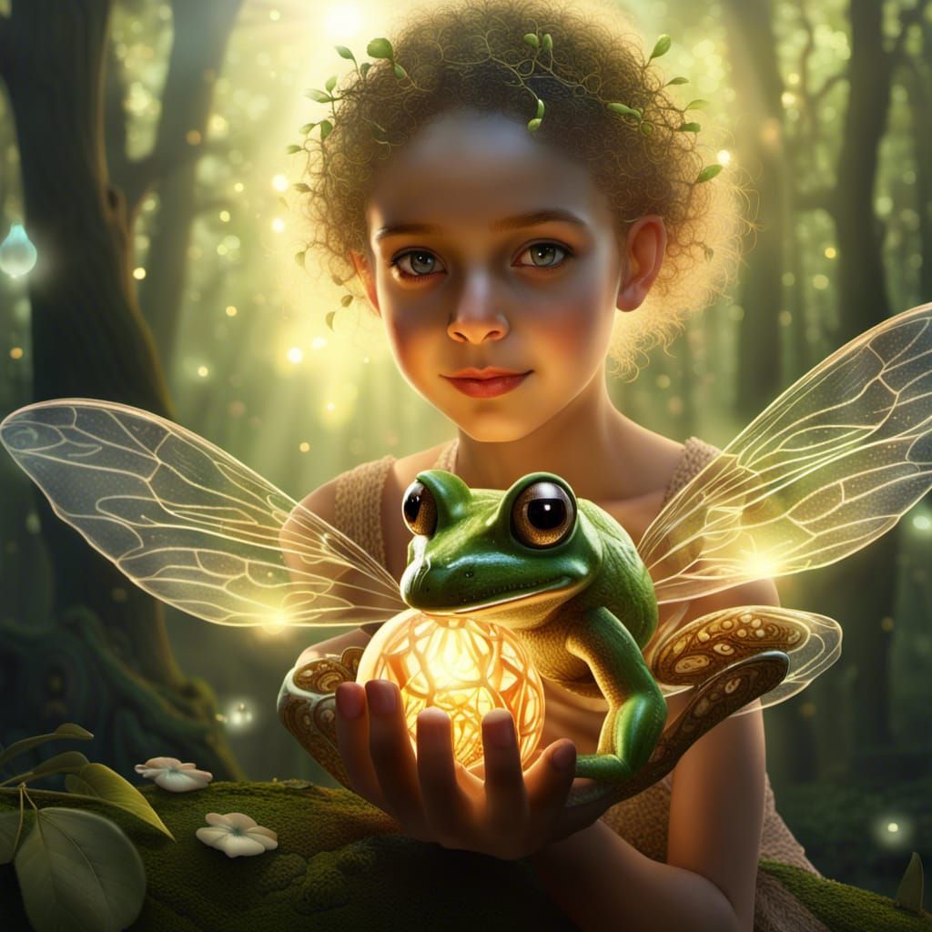 Winged Tree Fairy with Frog-Mushroom in Sunlight