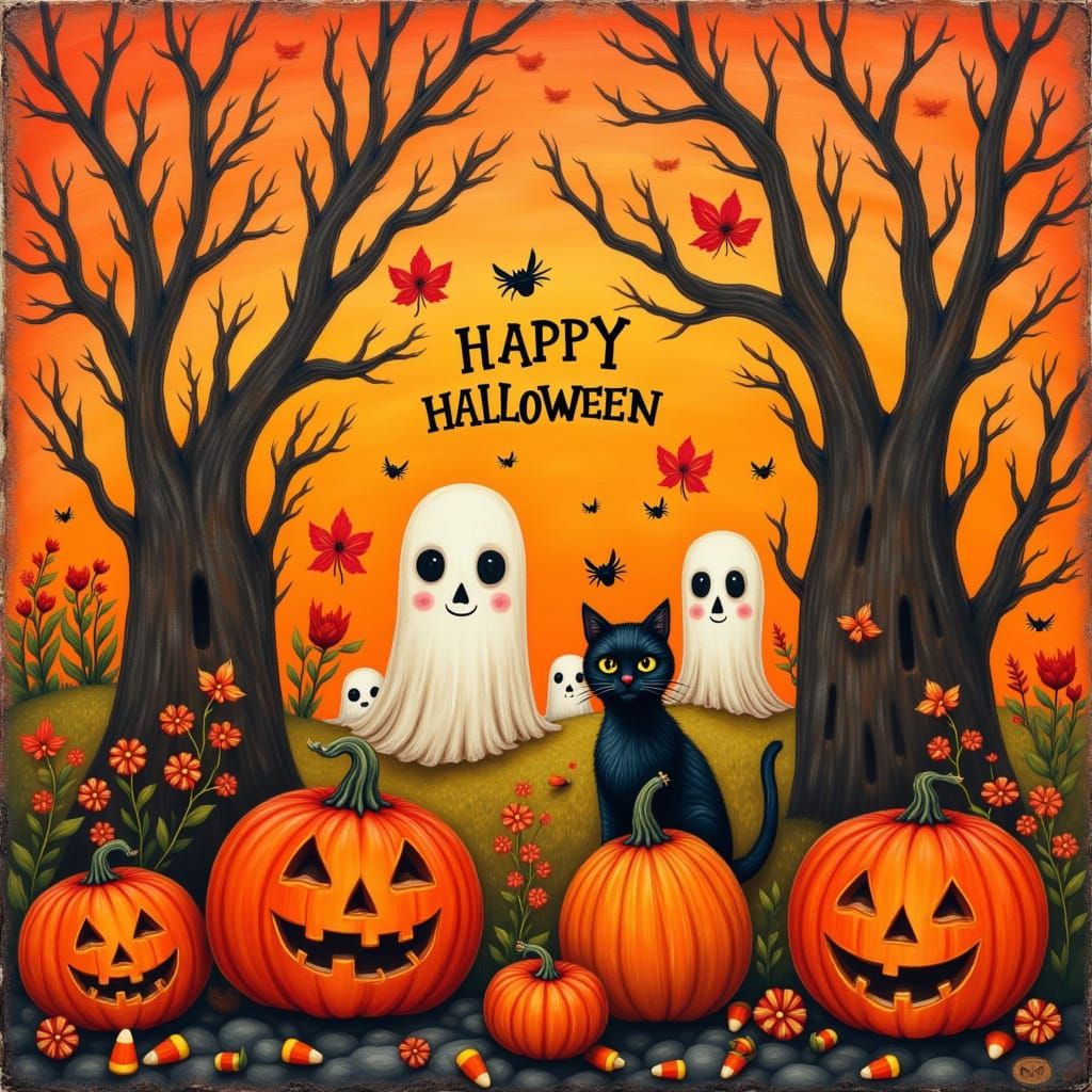 Vibrant Folk Art Halloween Collage with Whimsical Characters