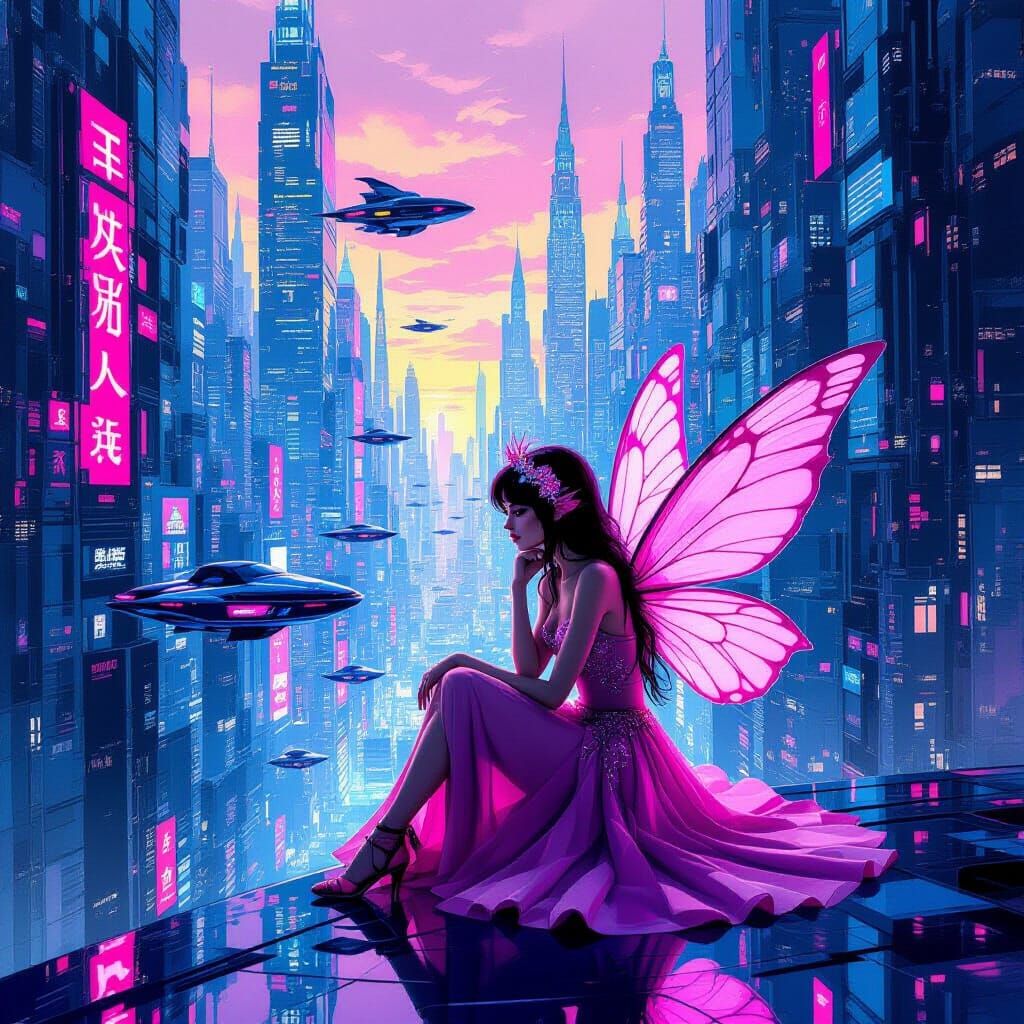 Pink Fairy in Neon Cityscape as Gouache Illustration