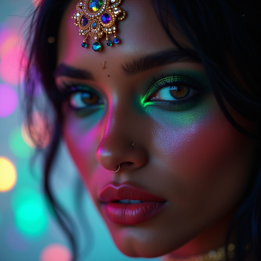 Stunning Indian Woman in Vibrant Makeup and Futuristic Jewel...