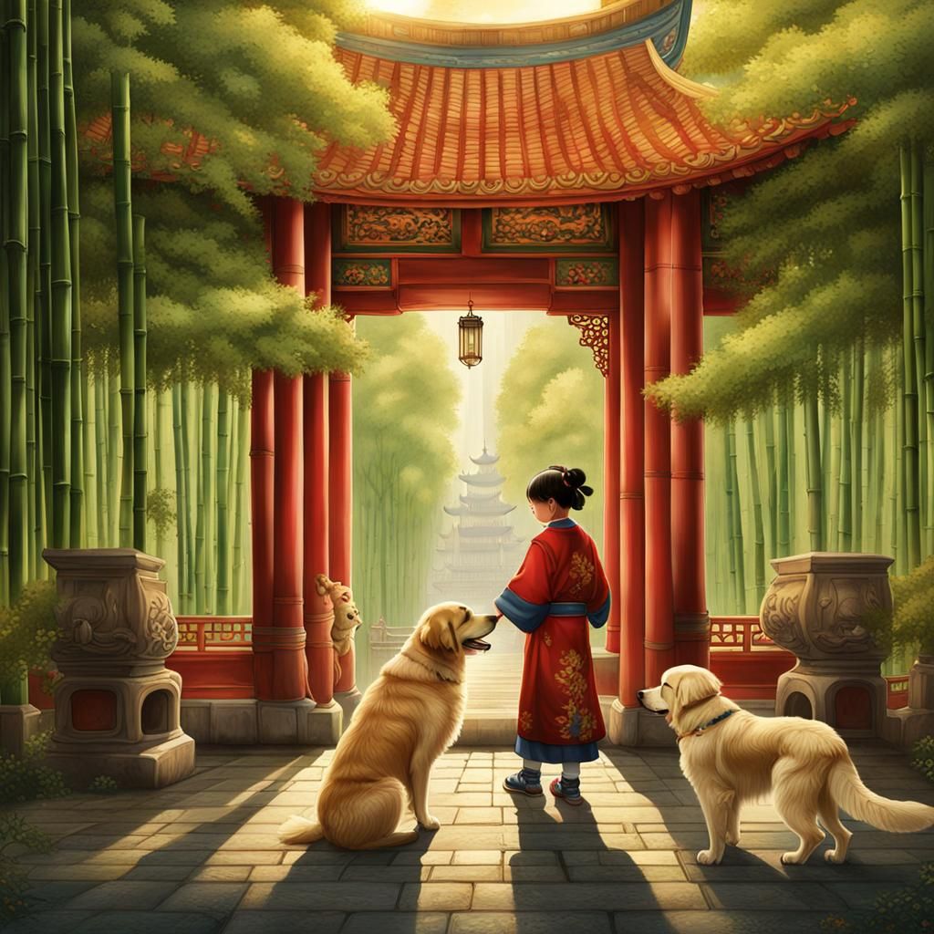 Joseon Era Child and Golden Retrievers