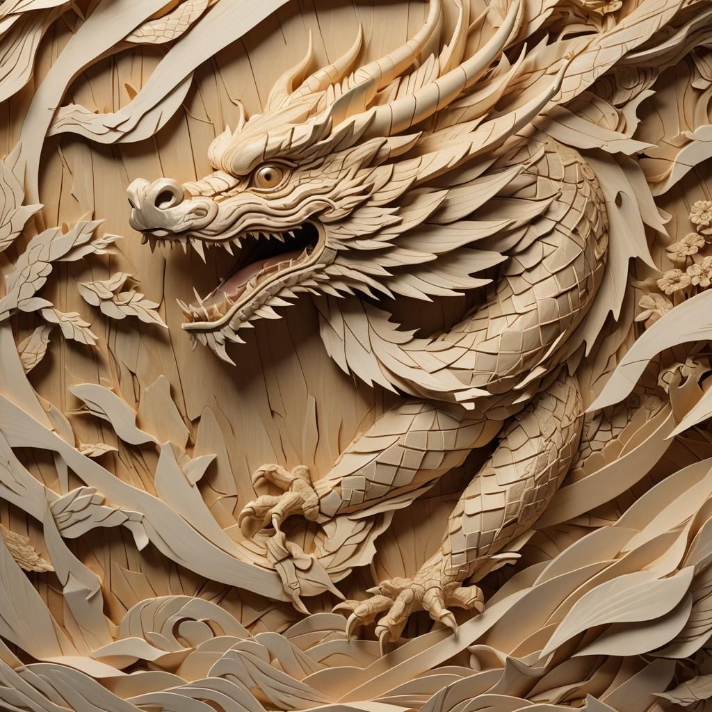Japanese Dragon Wood Carving in Hokusai Style