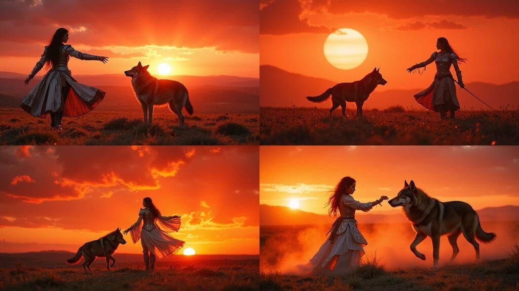 Elf Warrior Dances With Dire Wolf at Red Sunset
