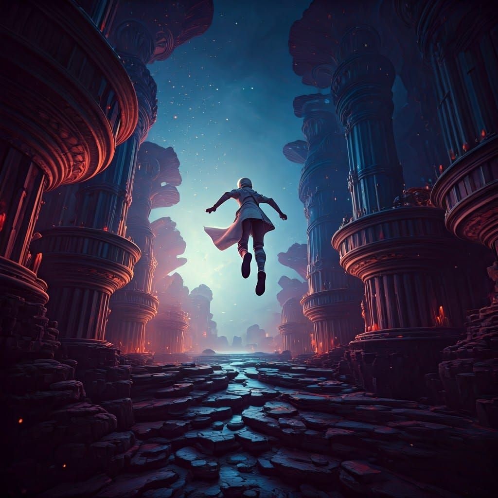 Agile Figure Leaping in Dreamlike Landscape