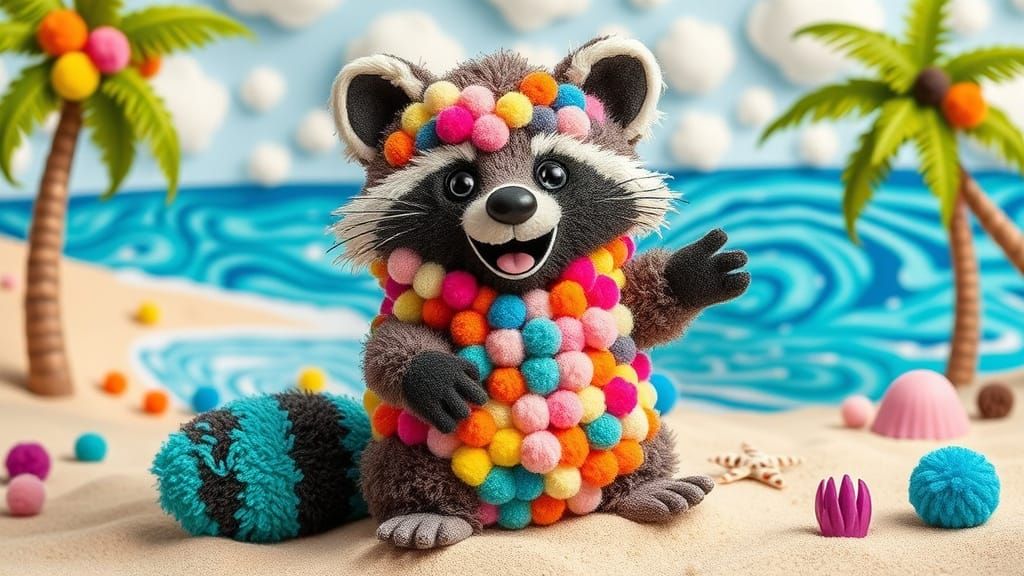 Happy Pom Pom Raccoon on a Whimsical Beach