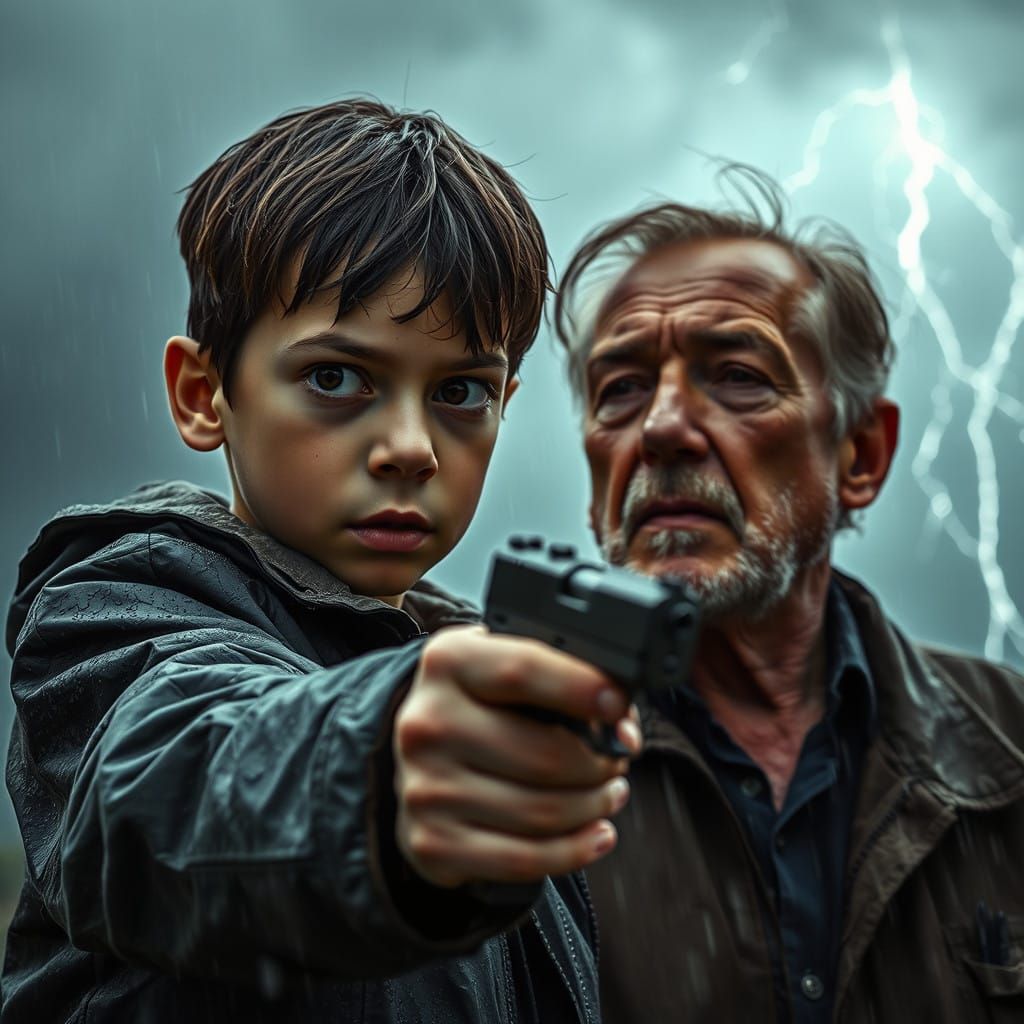 Father and Son Stand Together in a Turbulent Storm