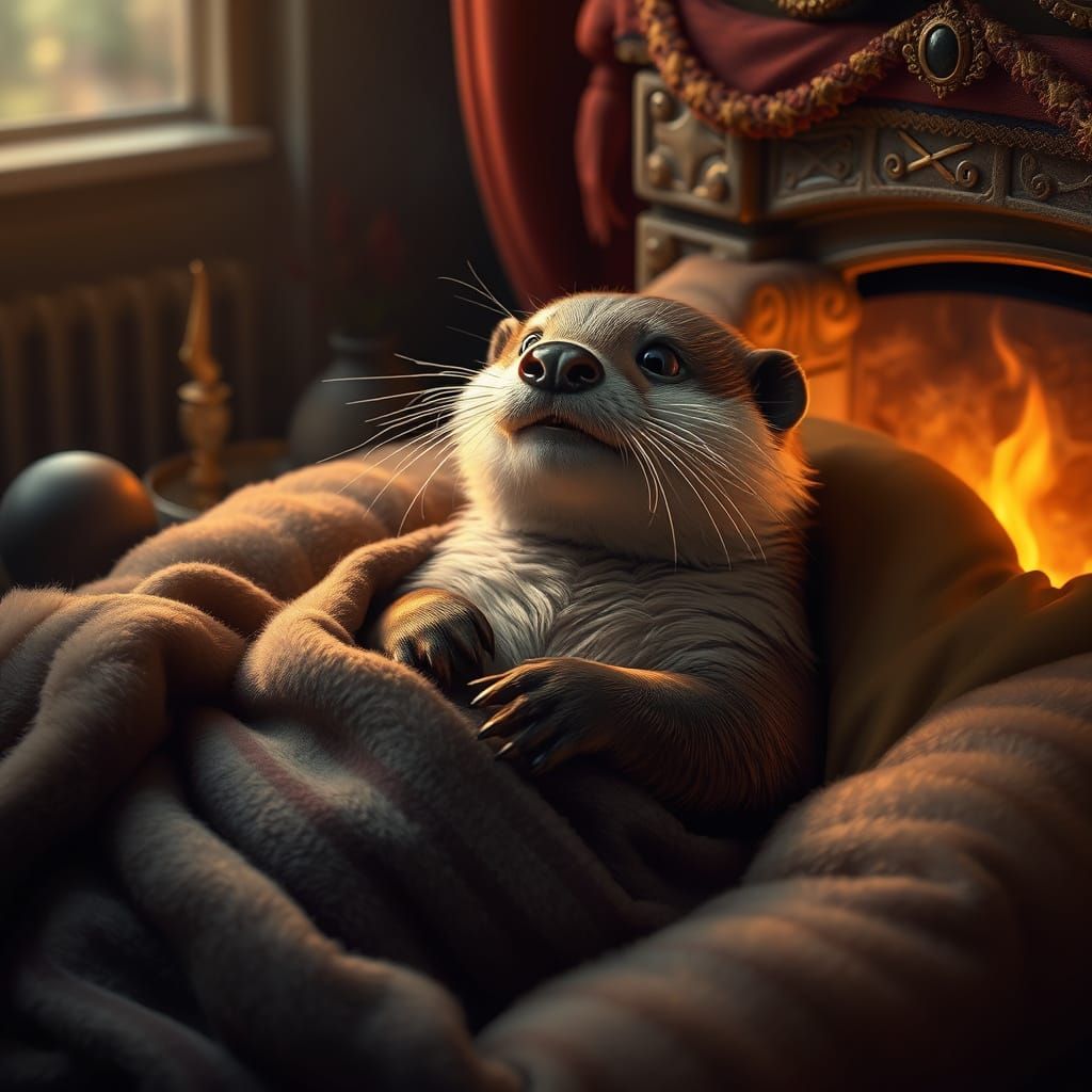 Cozy Otter Beside Flickering Fireplace