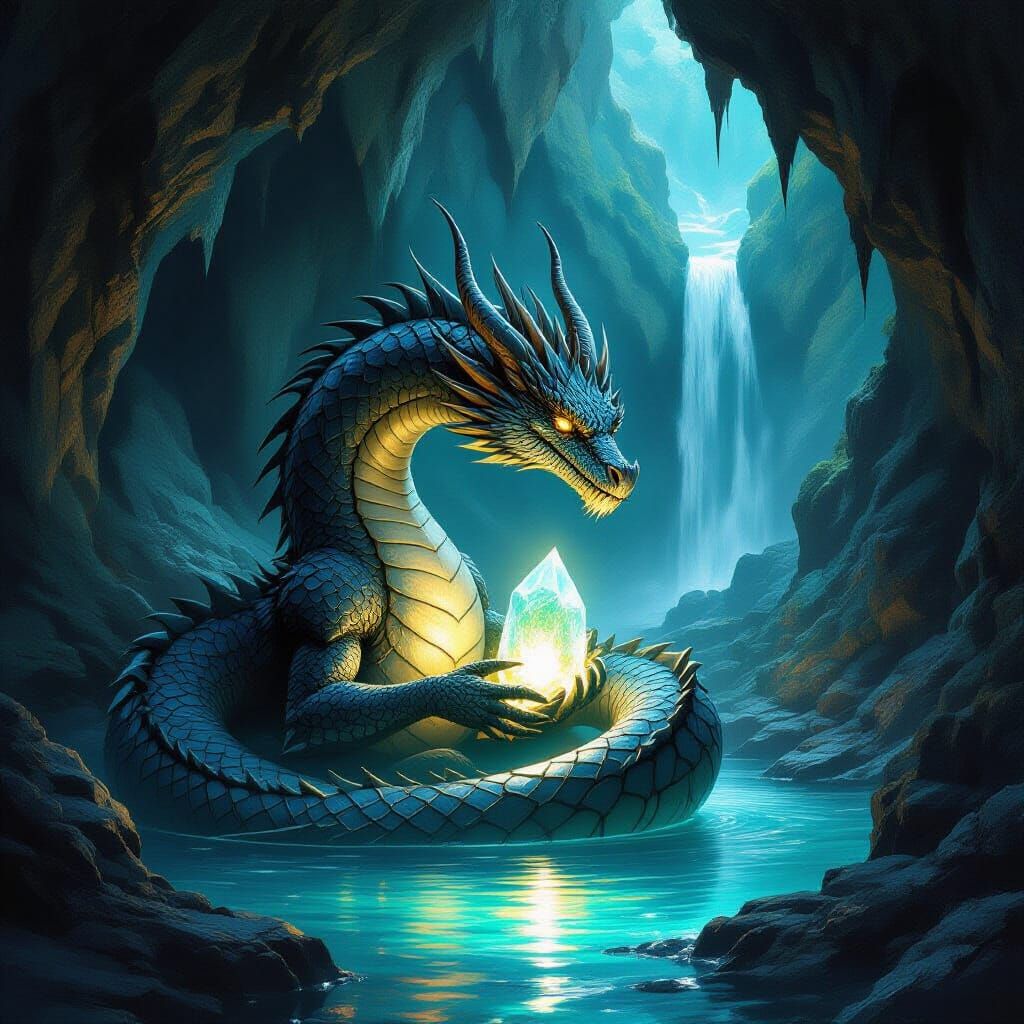 Ancient Obsidian Dragon Guards Glowing Crystal in Dark Fanta...