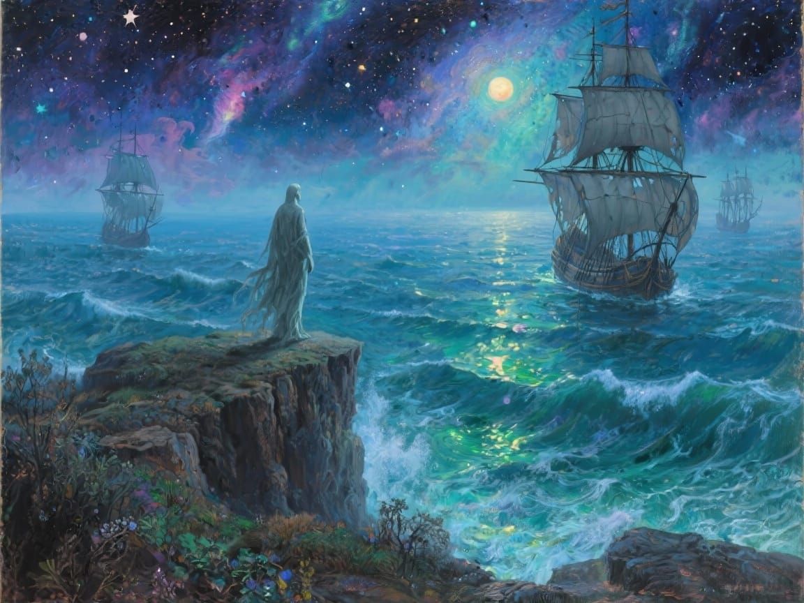 Ethereal Seascape with Spectral Figure & Ghostly Ships