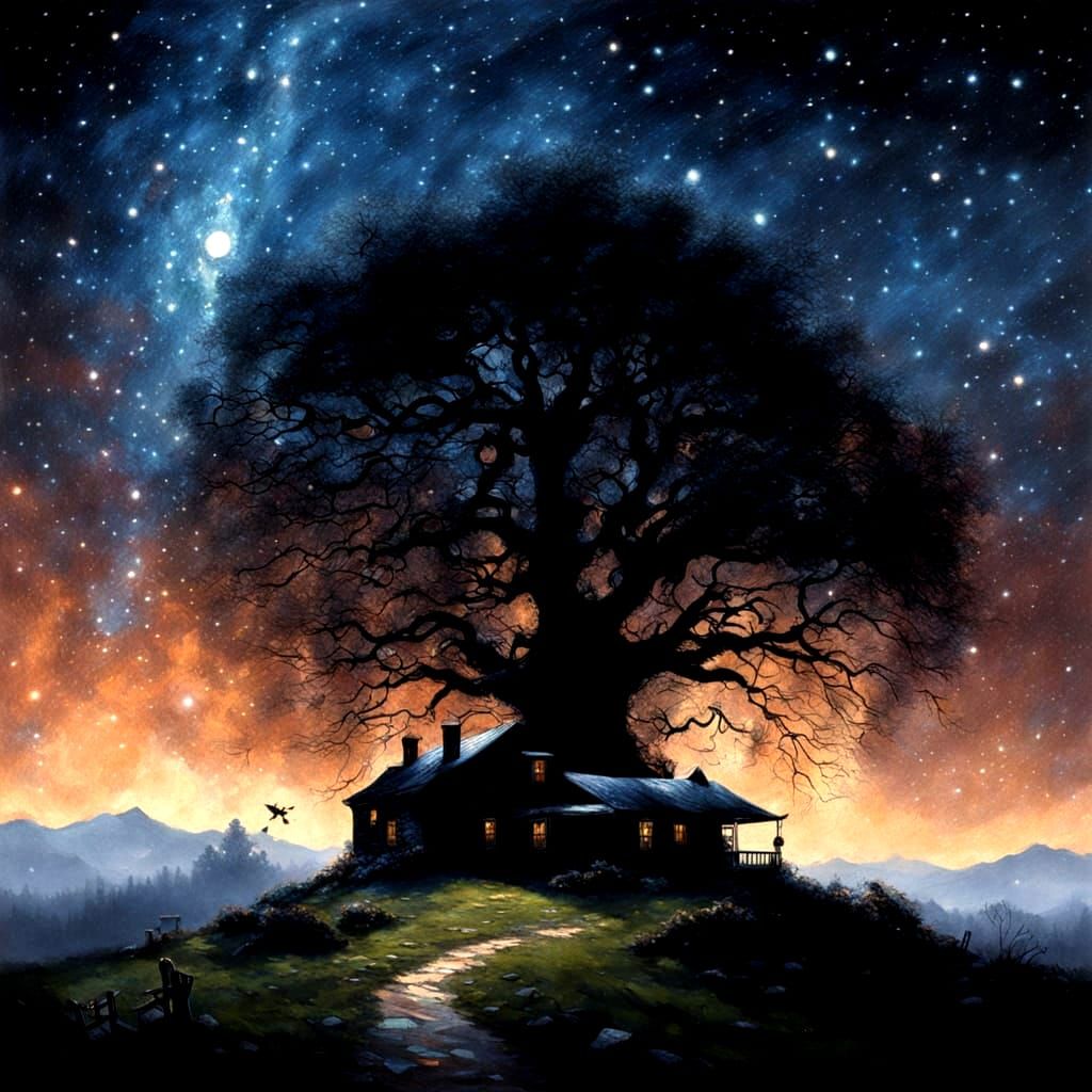 Starry Night Sky with Silhouetted Trees