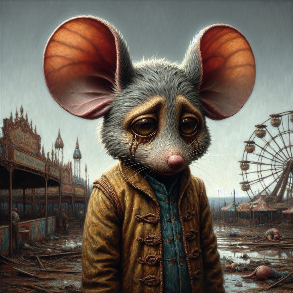 Gloomy Dystopian Mouse in a Deserted Amusement Park