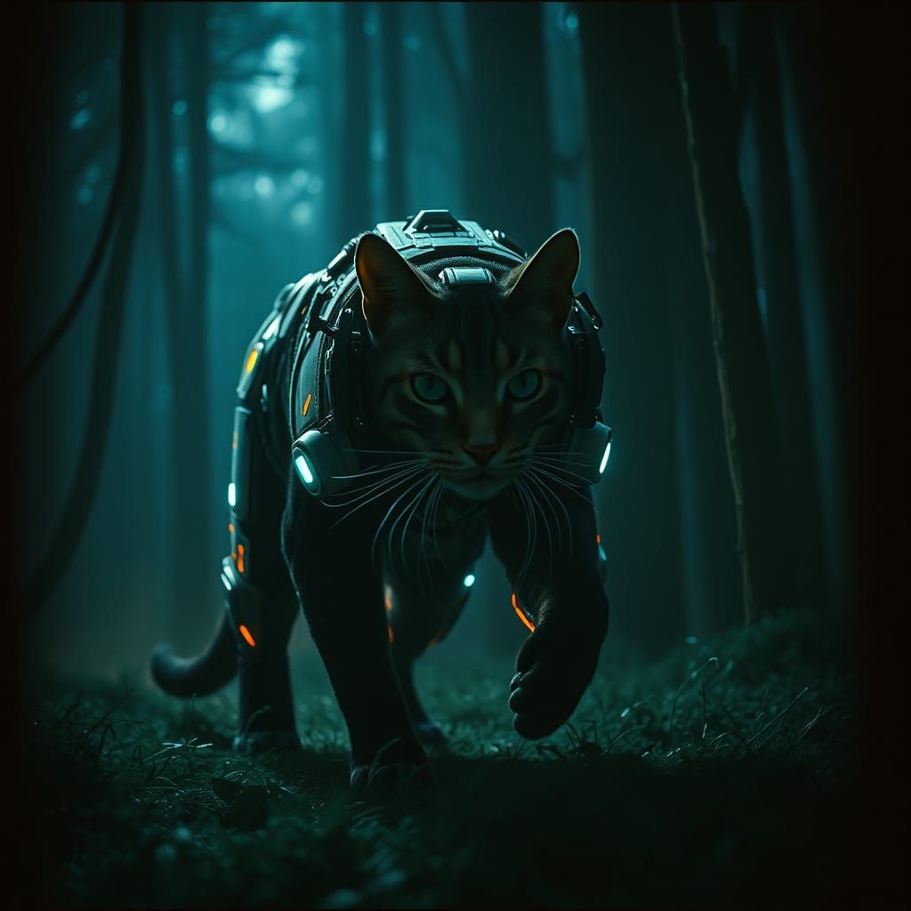 Cybernetic Giant Cat Prowls Dark Mystical Forest