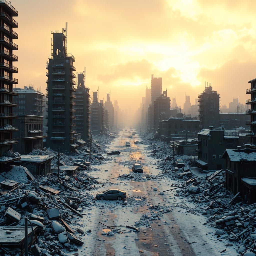 Frozen Metropolis in Post-Apocalyptic Landscape