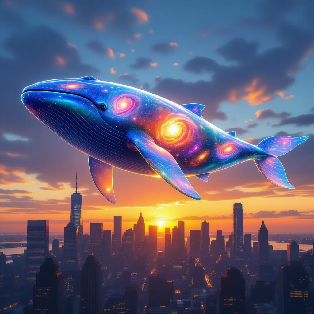 Glass Whale Filled with Galaxies Over City at Sunset