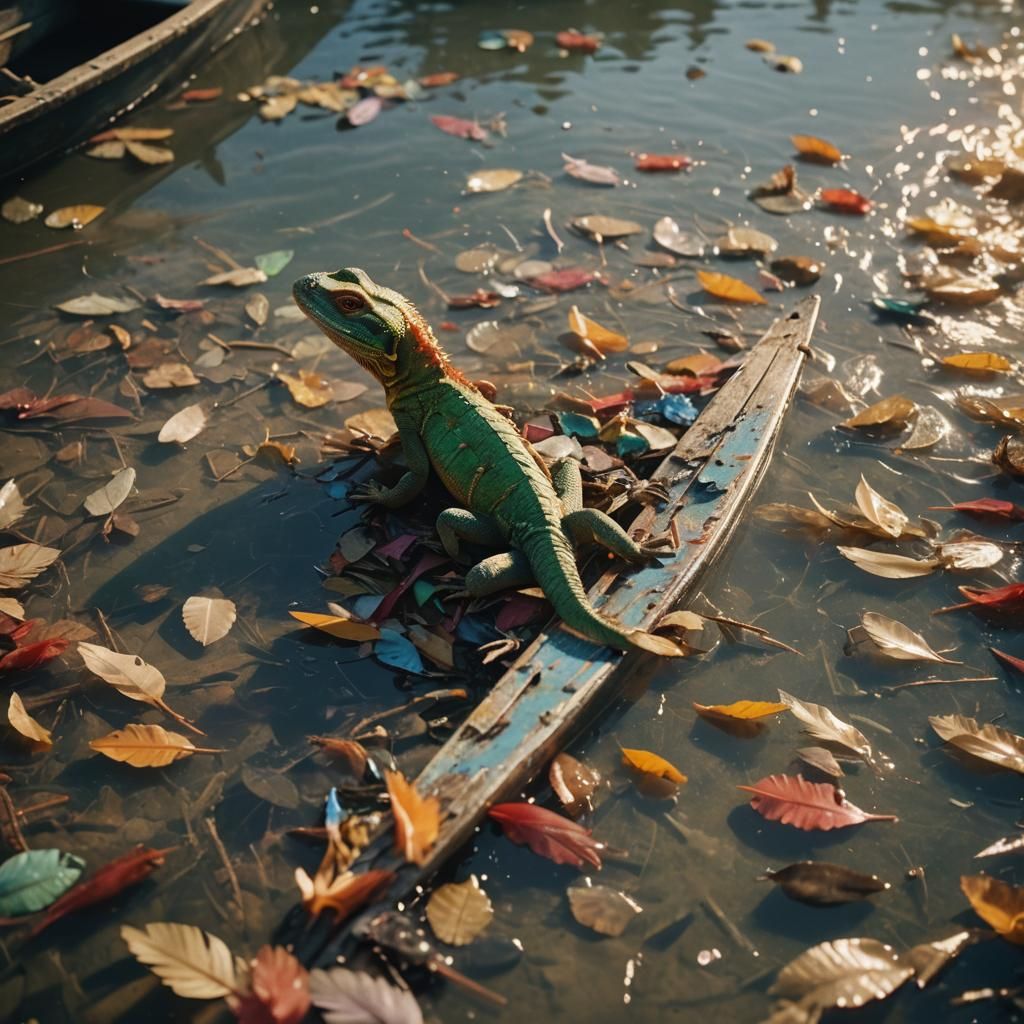 Lizard on River Boat in Cinematic Film Still
