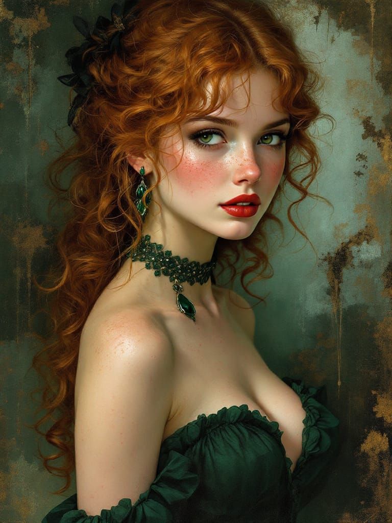 Pin-Up Woman in Green Dress with Emerald Accents