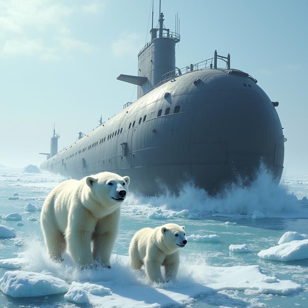Polar Bears Discover Submarine in Arctic Landscape