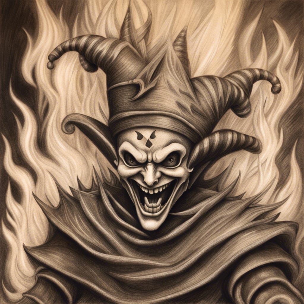 Flaming Jester: Hyperdetailed Charcoal Drawing