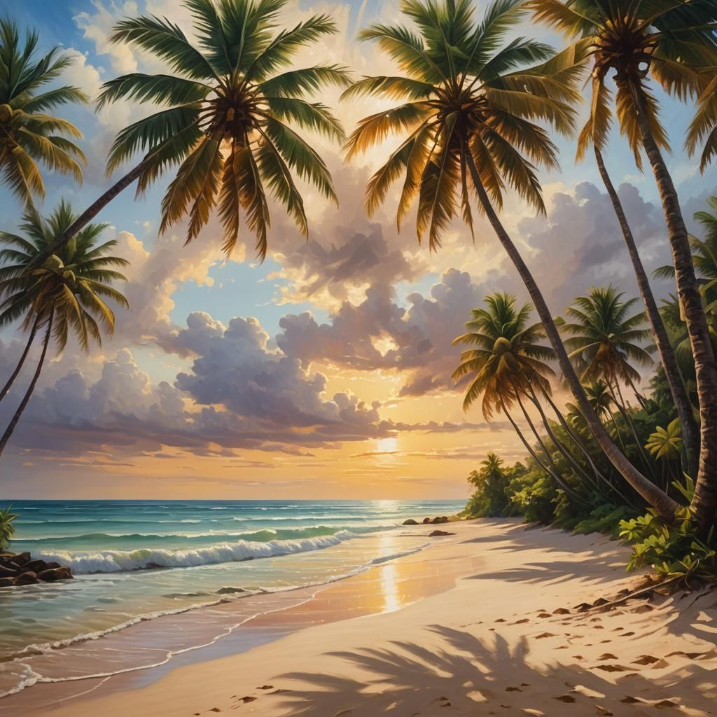 Tropical Beach After Storm: Vibrant Oil Painting