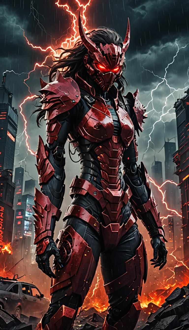 Red Biotech Armored Female in a lightning storm