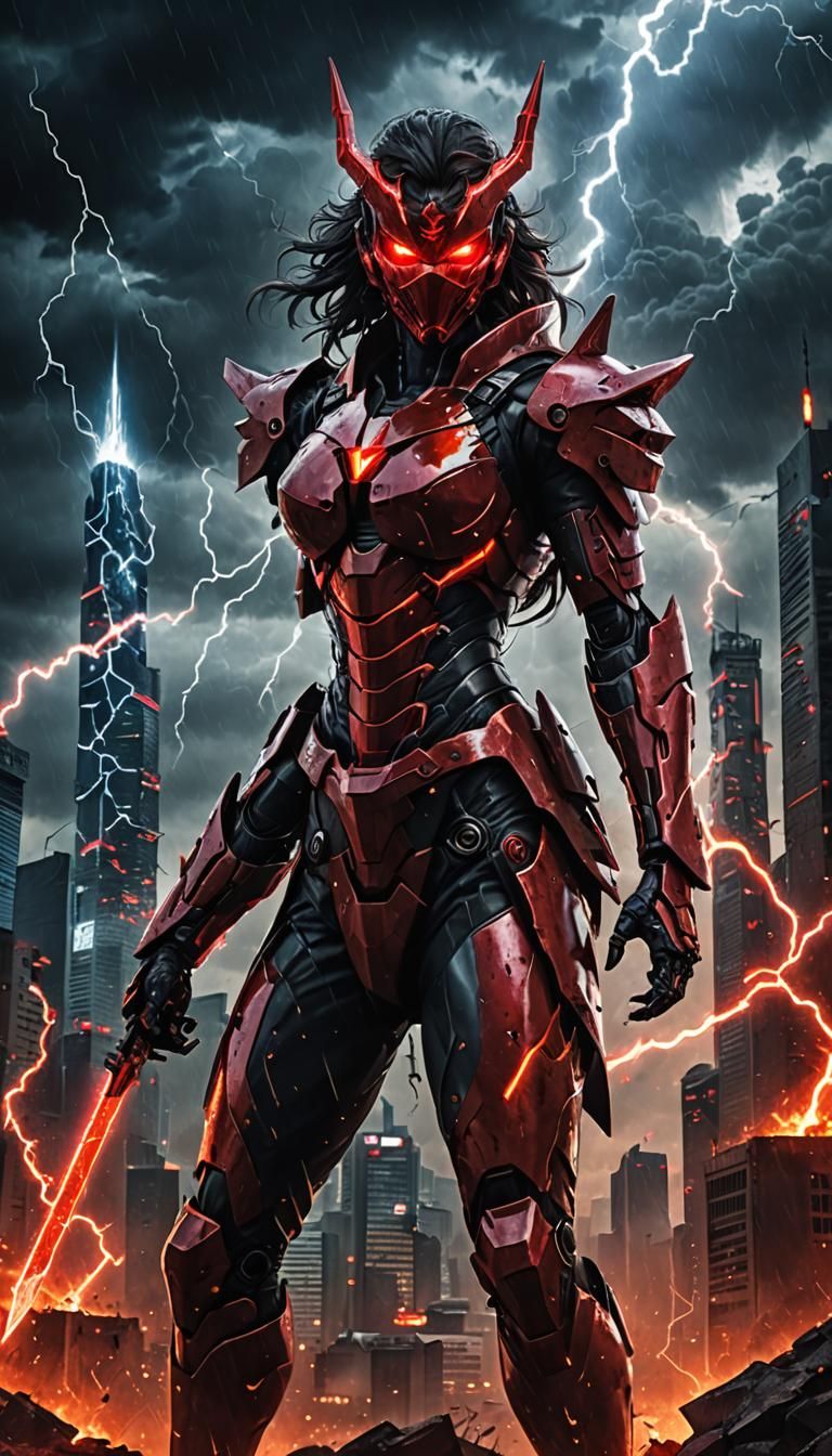 Red Biotech Armored Female in a lightning storm