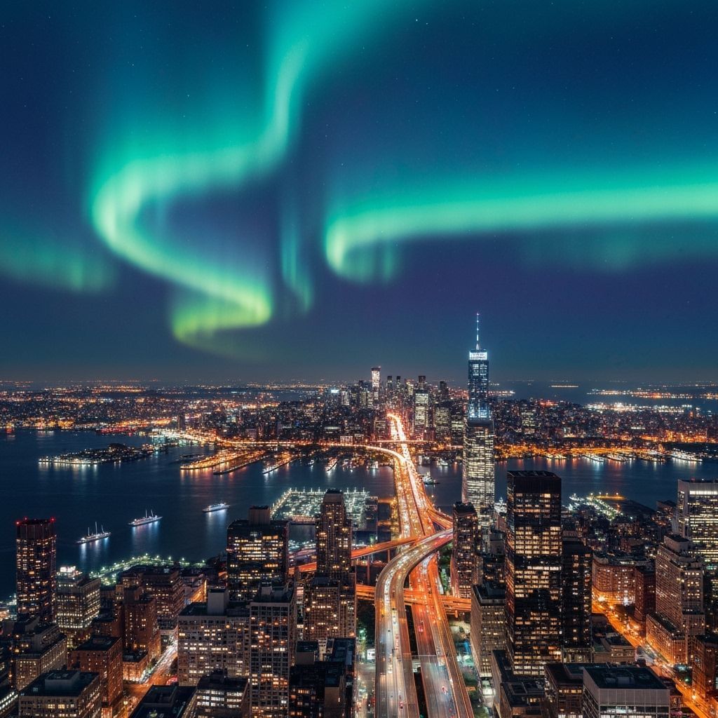 Manhattan Nightscape with Northern Lights